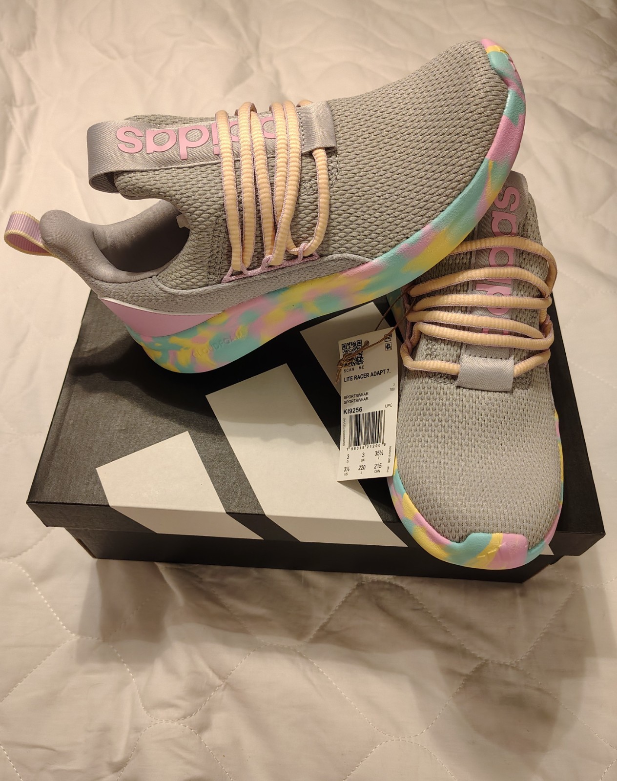 adidas Lite Racer Adapt 7.0 Unisex Kids Gray/Pink Colorblock Slip-On 3.5 US