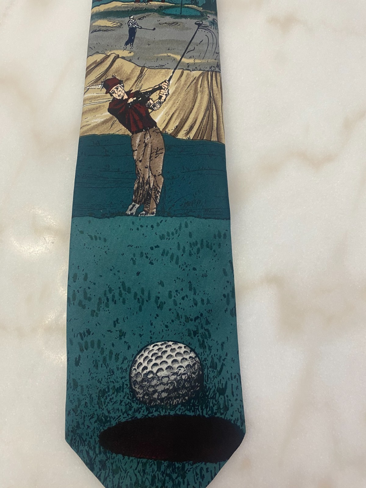 American Sports Golf Tie Novelty Golfer Golf Ball Scene Silk USA Made Wide 90s
