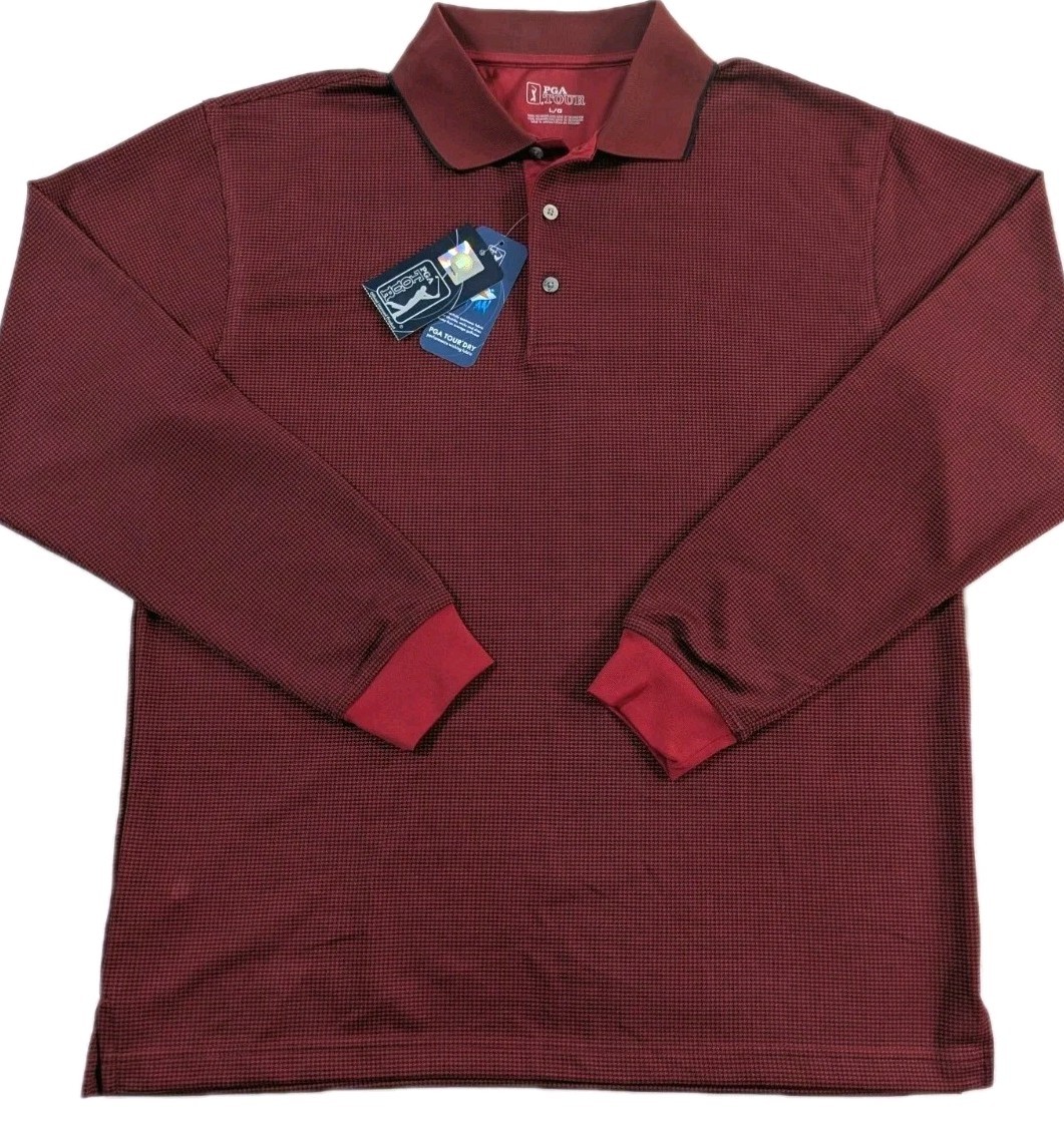 PGA TOUR Long Sleeve Golf Shirt Mens Lg Red /Black Houndstooth Pattern