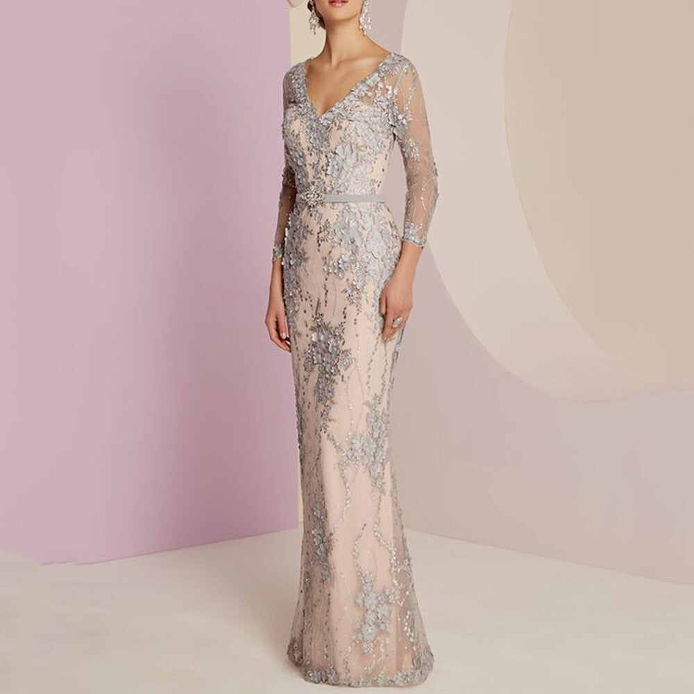 Mother of the Bride Dress with Lace Appliqués, V-Neck Gown for Wedding Party
