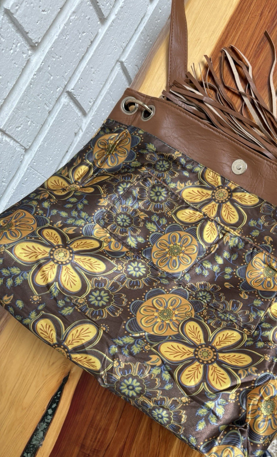Imoshion Brown Fringe Studded Shoulder Bag Floral Lined, Zip/Snap, Pockets