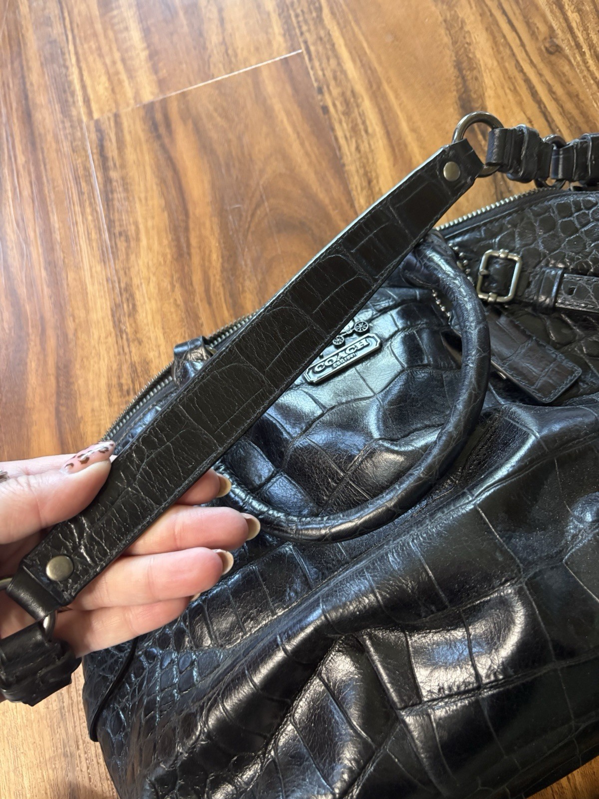 Coach 15924 Madison Embossed Sophia Bag Black With Purple Lining With Charms