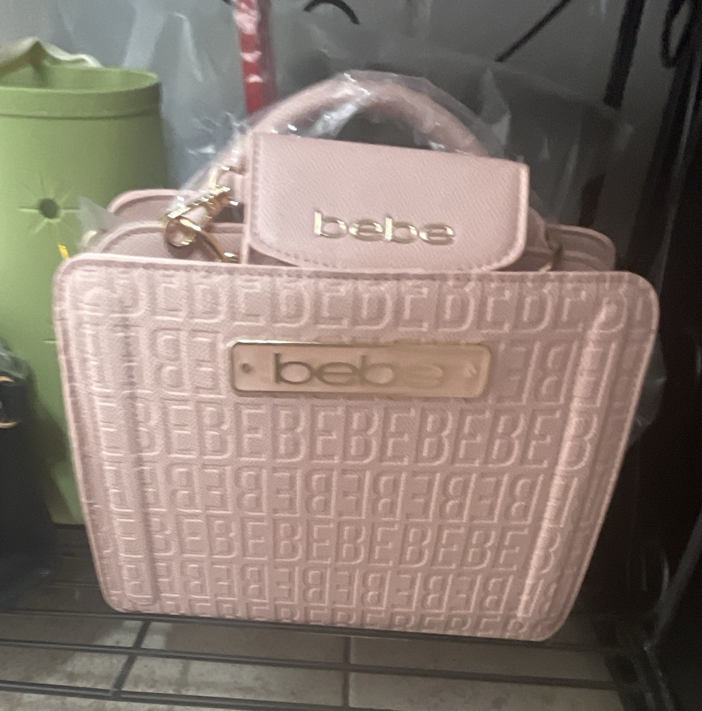 bebe Pink Monogram Logo Crossbody Top Handle Zip Bag, Small, Gold Hardware