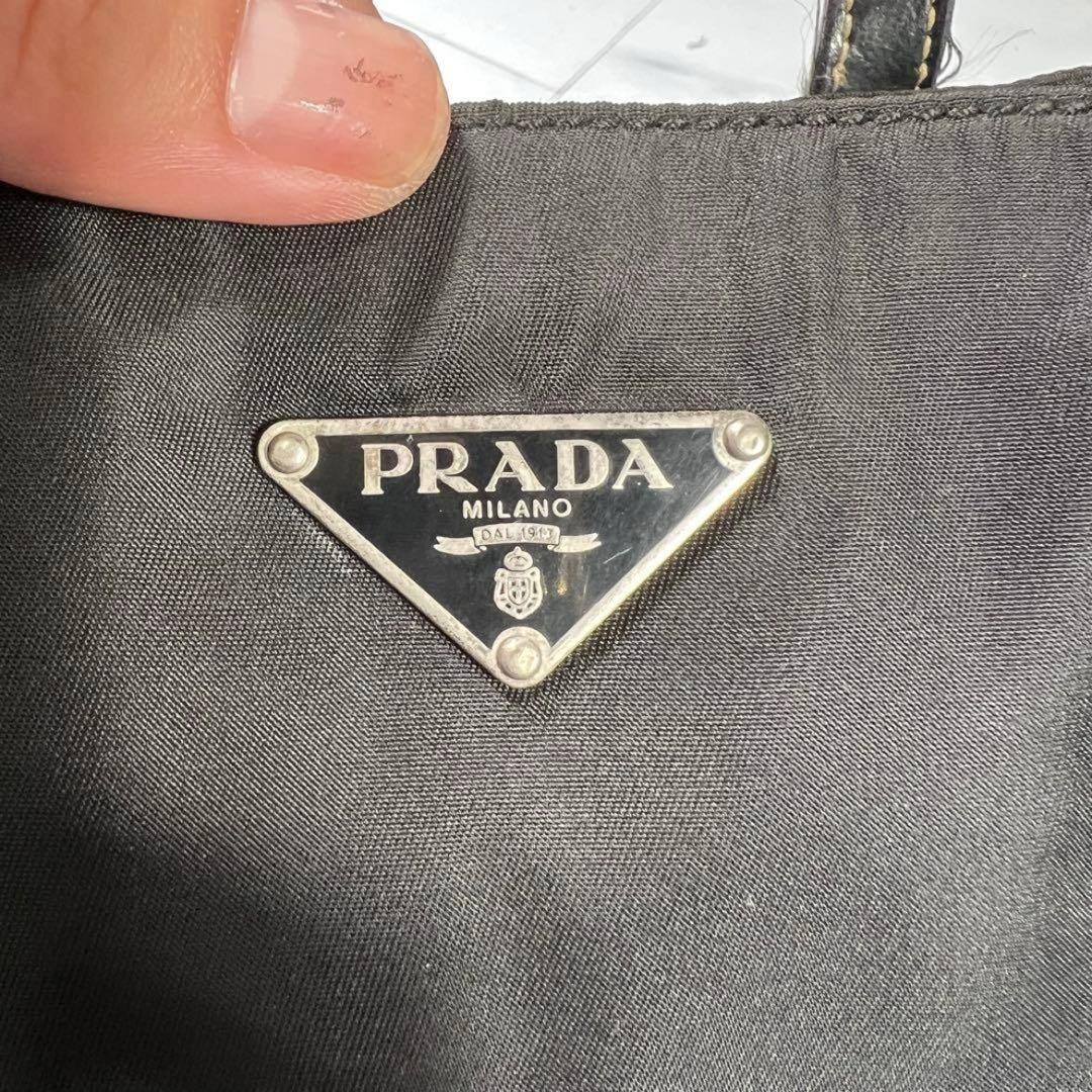 PRADA Black Nylon Leather Triangle Logo Tote Bag Handbag Unisex Silver Hardware