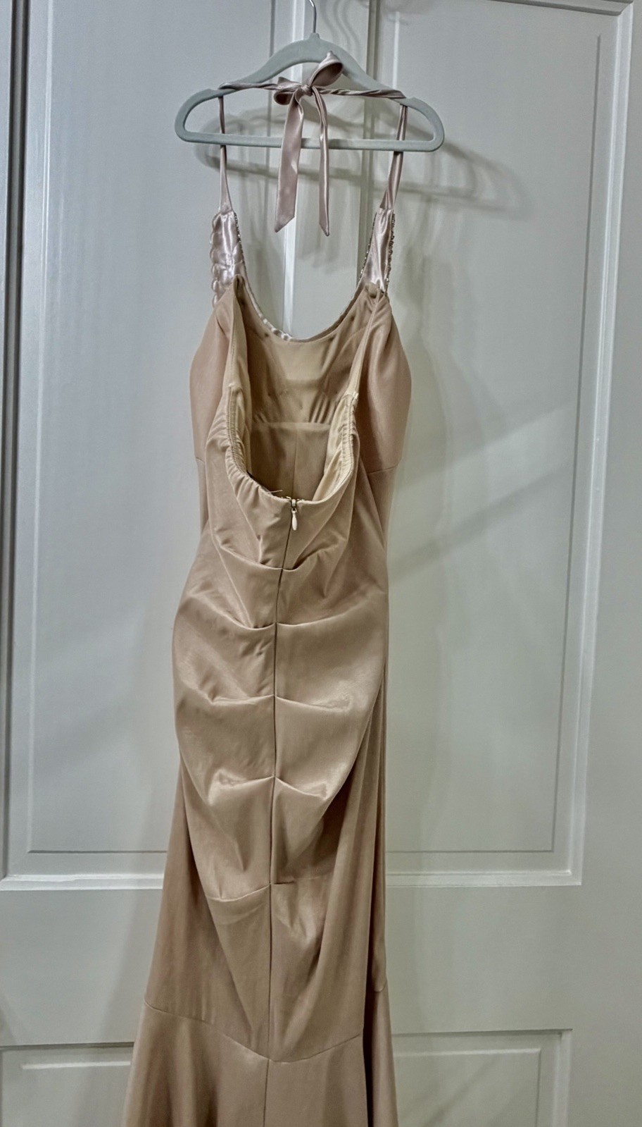 Champagne Halter Mermaid Prom Evening Gown Beaded Neckline Ruched Bodice 5/6