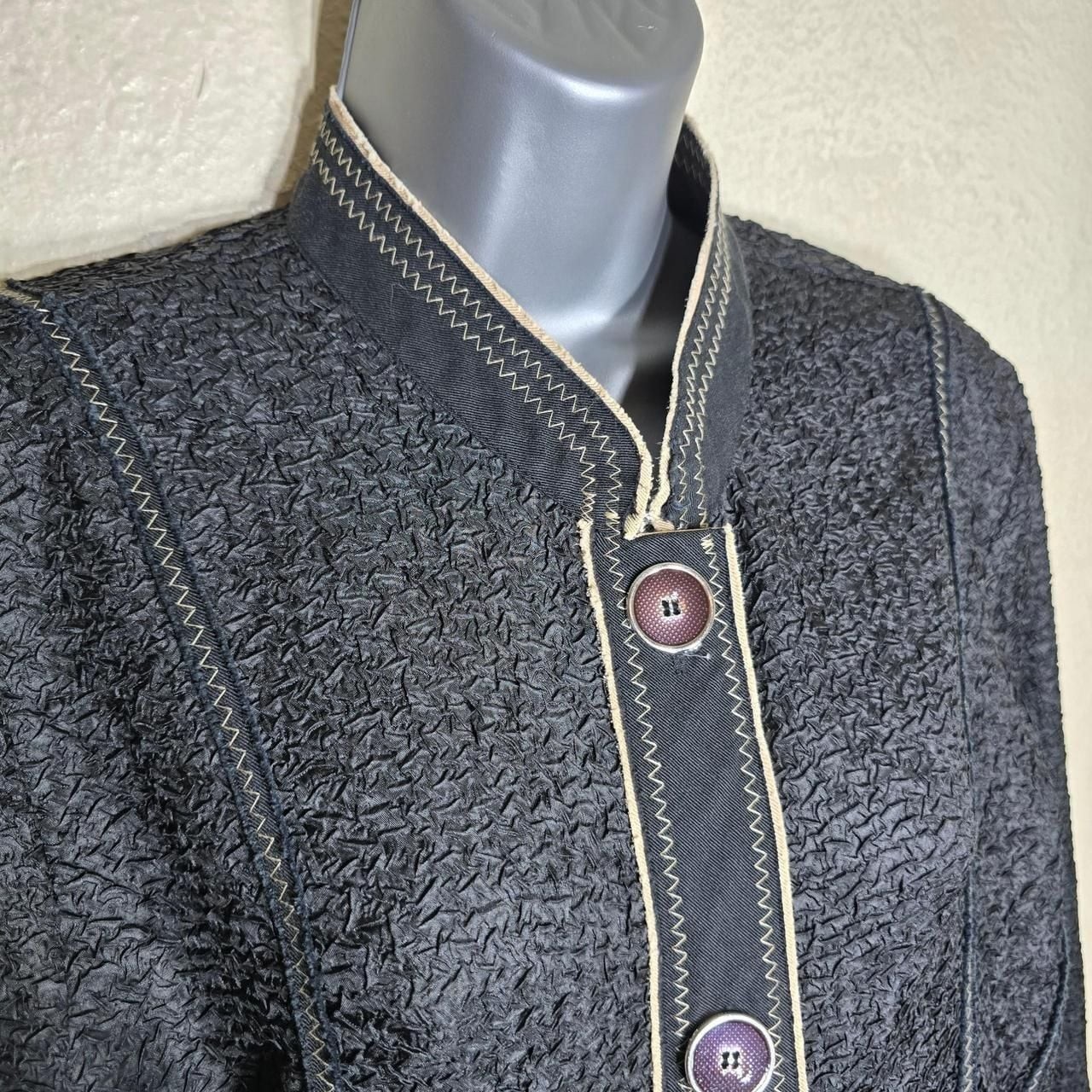 Chico’s Crinkled Textured Mandarin Collar Jacket with Contrast Stitching