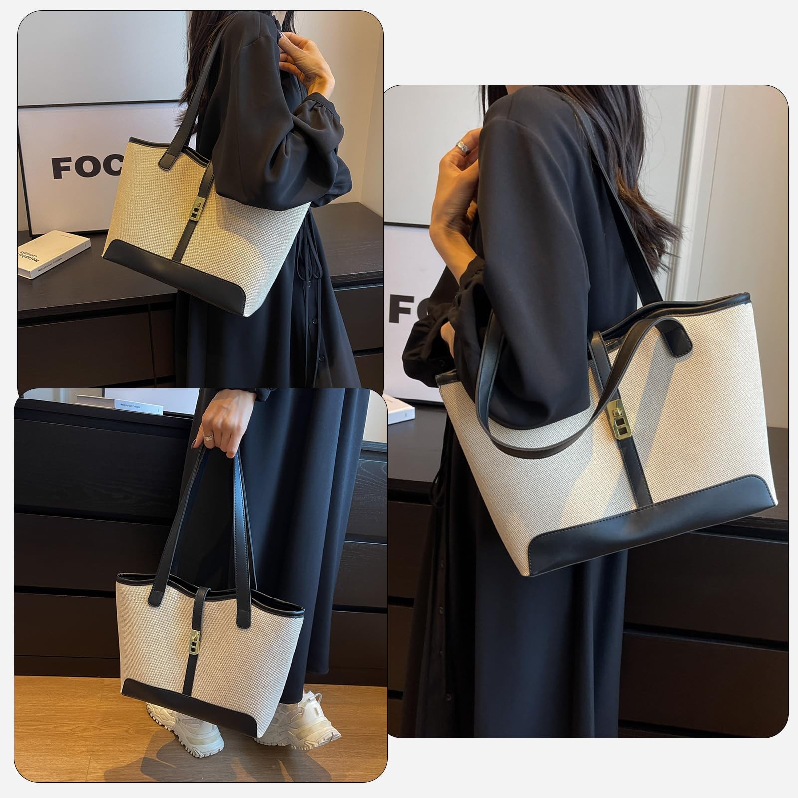 Canvas Tote Bag for Women, Large Shoulder 11.6 x 4.7 x 9.8 inches, Black