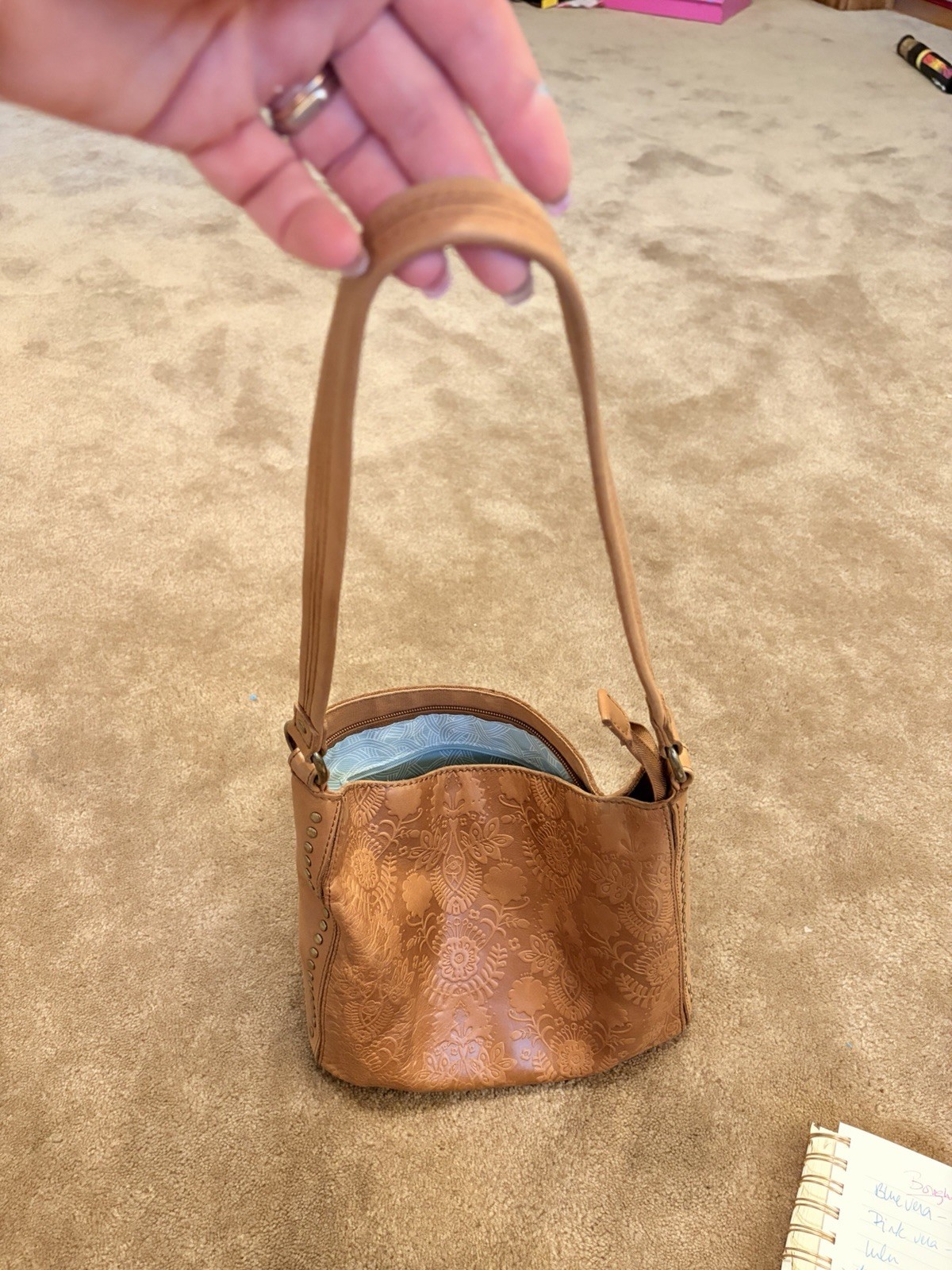 The Sak Brown Floral Embossed Shoulder Bag Zip Closure Studded Detach Strap