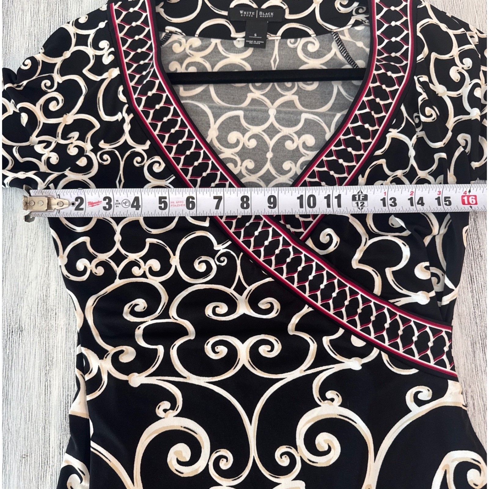 White House Black Market Scroll Print Faux Wrap Dress Black Cream Burgundy Sz S