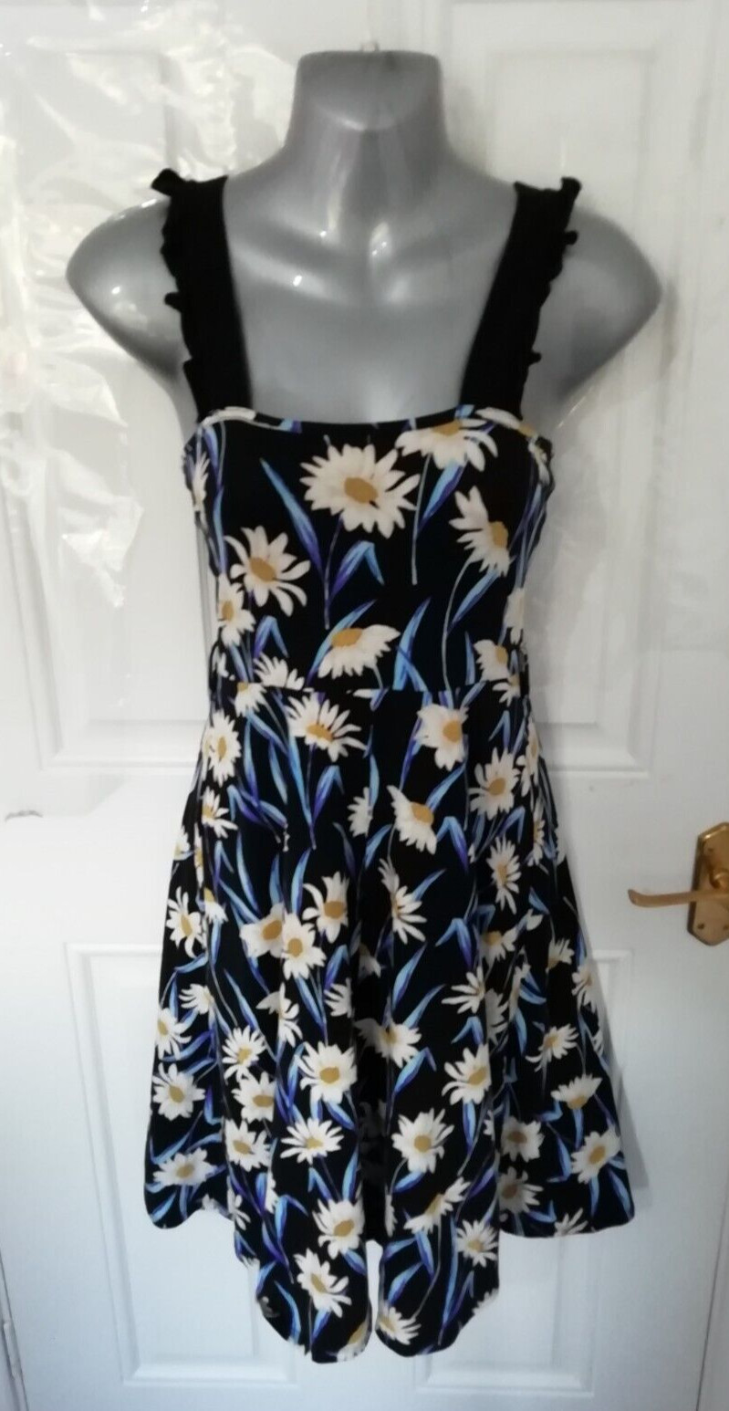 Dorothy Perkins 8 Black Blue Beige Floral Stretchy Frill Strap Fit Flare Dress
