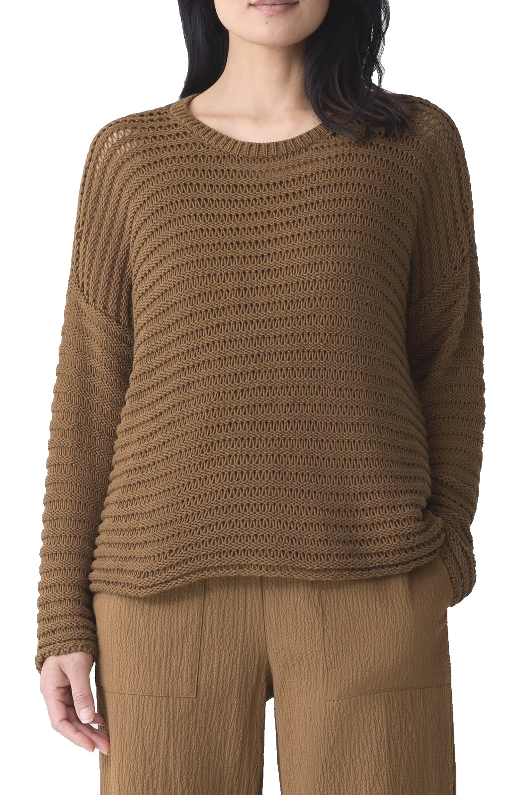 Eileen Fisher $258 Brown Crewneck Oversize Cotton Sweater Large (1 4-16) NWT