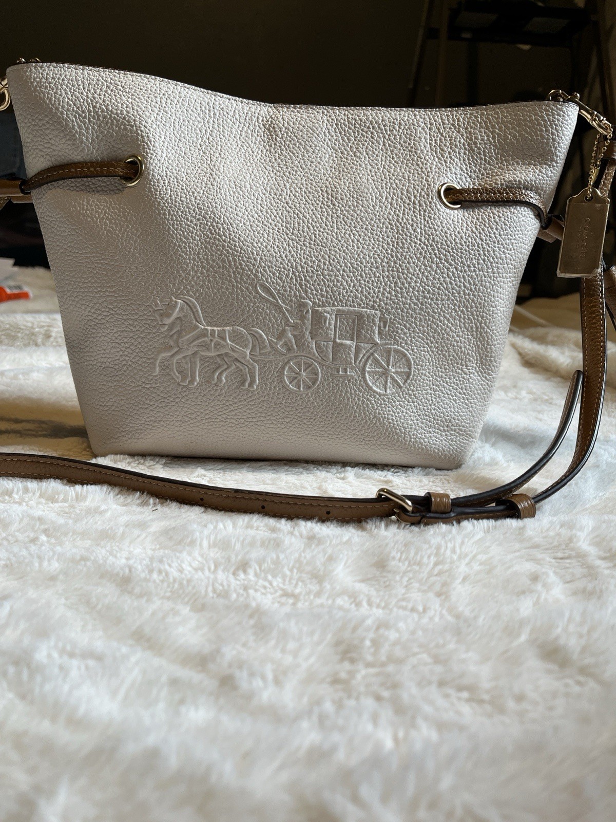 Coach Pebbled Beige Medium Crossbody, Brown Strap, Tassel, Gold Hardware