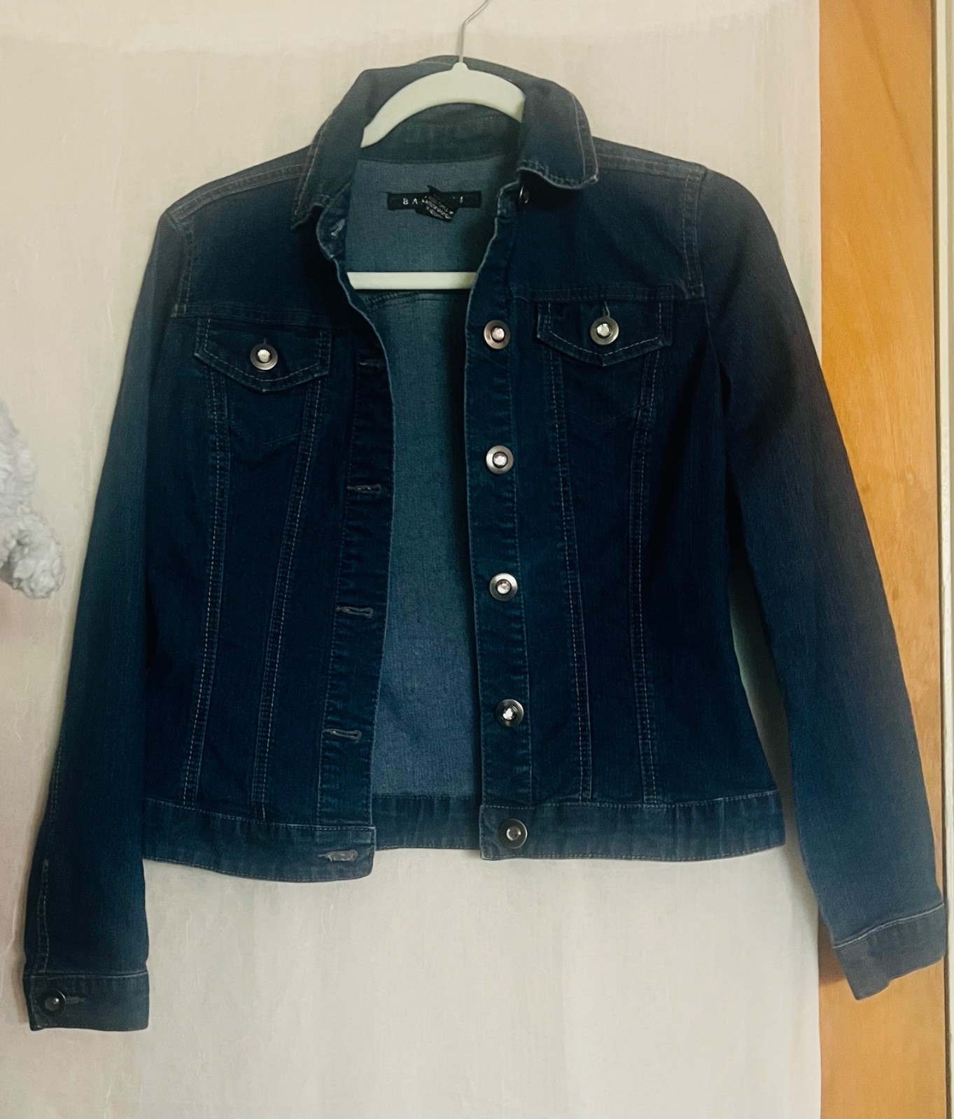 Baccini Dark Wash Denim Jacket Petite Small PS Button Front Stretch Jean Jacket