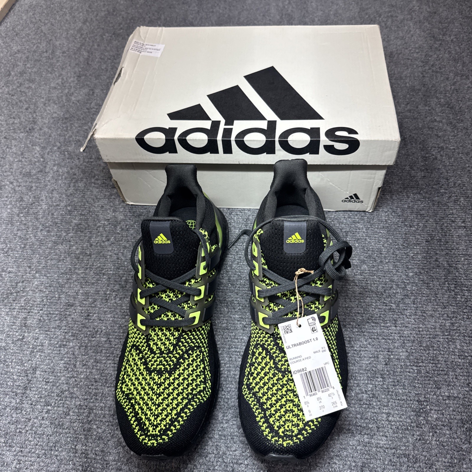 Size 9- adidas UltraBoost 1.0 Black Lucid Lemon Glow In The Dark Heal