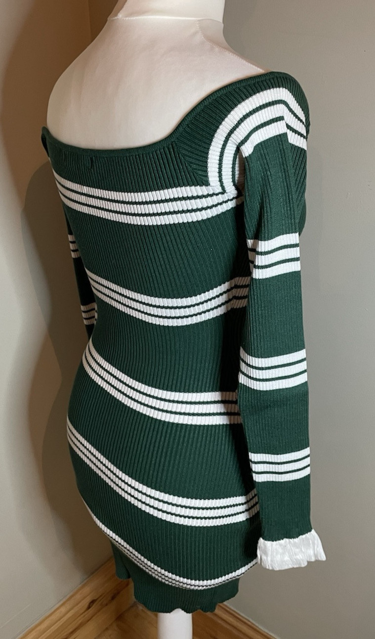 Missguided, deep Green And White Stripe Body Con Dress Size 12, frill at wrist