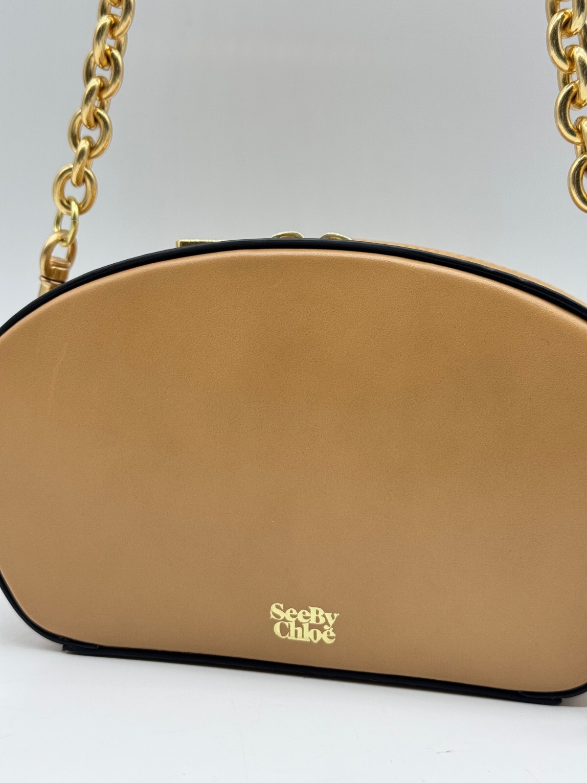 SEE BY CHLOE smooth leather shell chain strap women’s crossbody in Beige / Tan