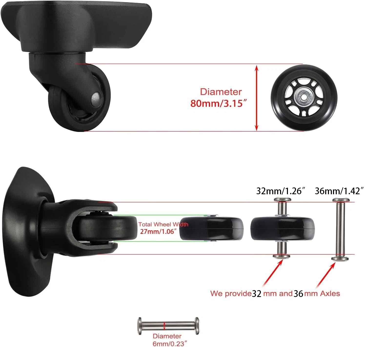 1 Set Black 80 x 24mm Luggage Wheels Replacement, Rubber Suitcase Wheels Repl
