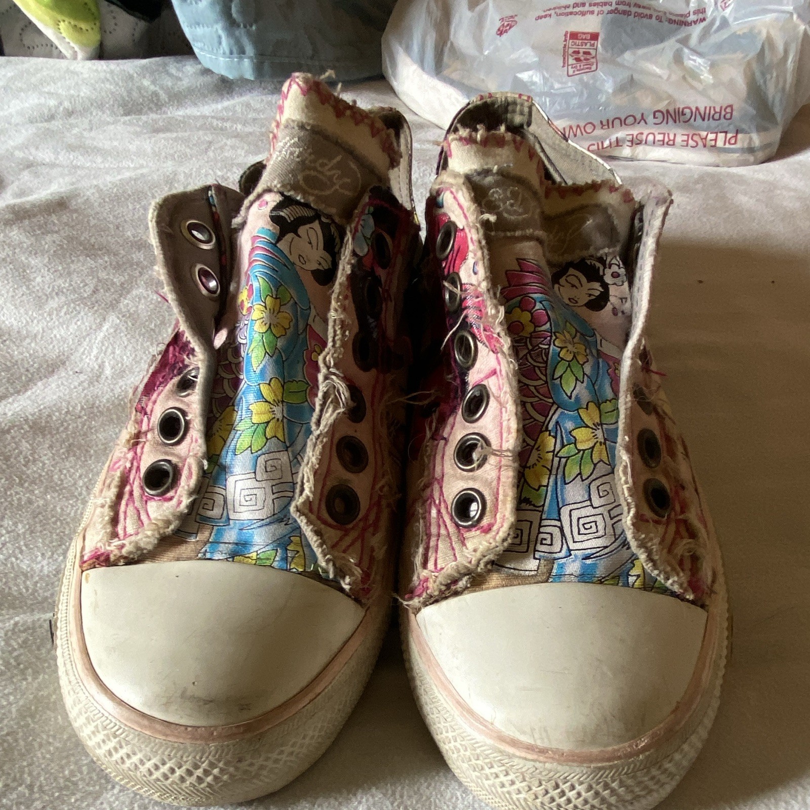 Ed Hardy Multicolor Graphic Print Canvas Lace-Up Sneakers, Rubber Sole, Men’s