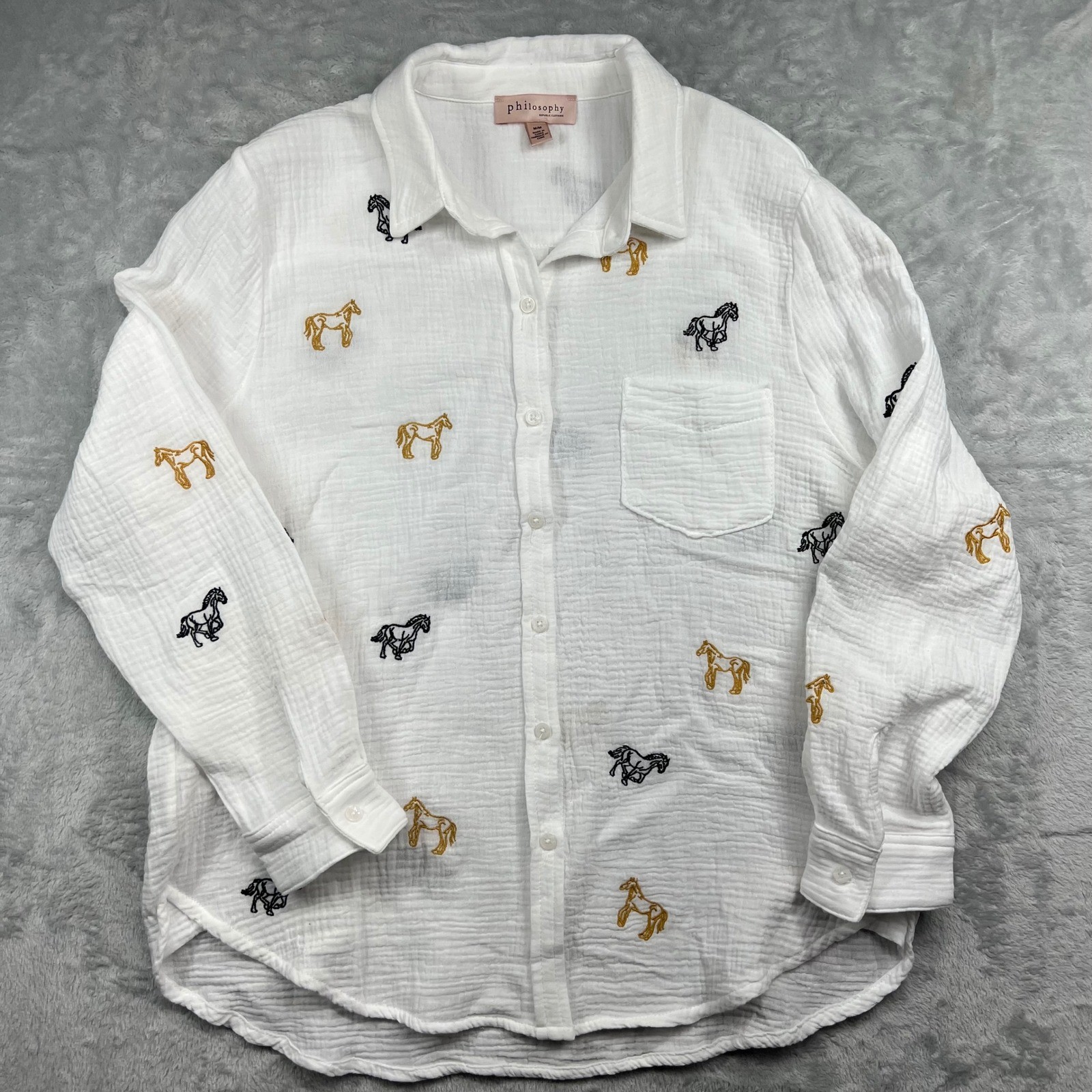 Philosophy Republic Clothing White Gauze Horse Embroidered Button Down Shirt M