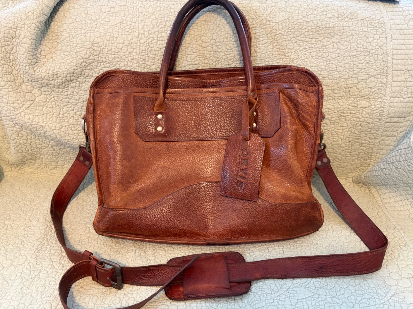 Orvis Bullhide Leather Briefcase Bag Messenger Bag Shoulder Strap Brown Distress