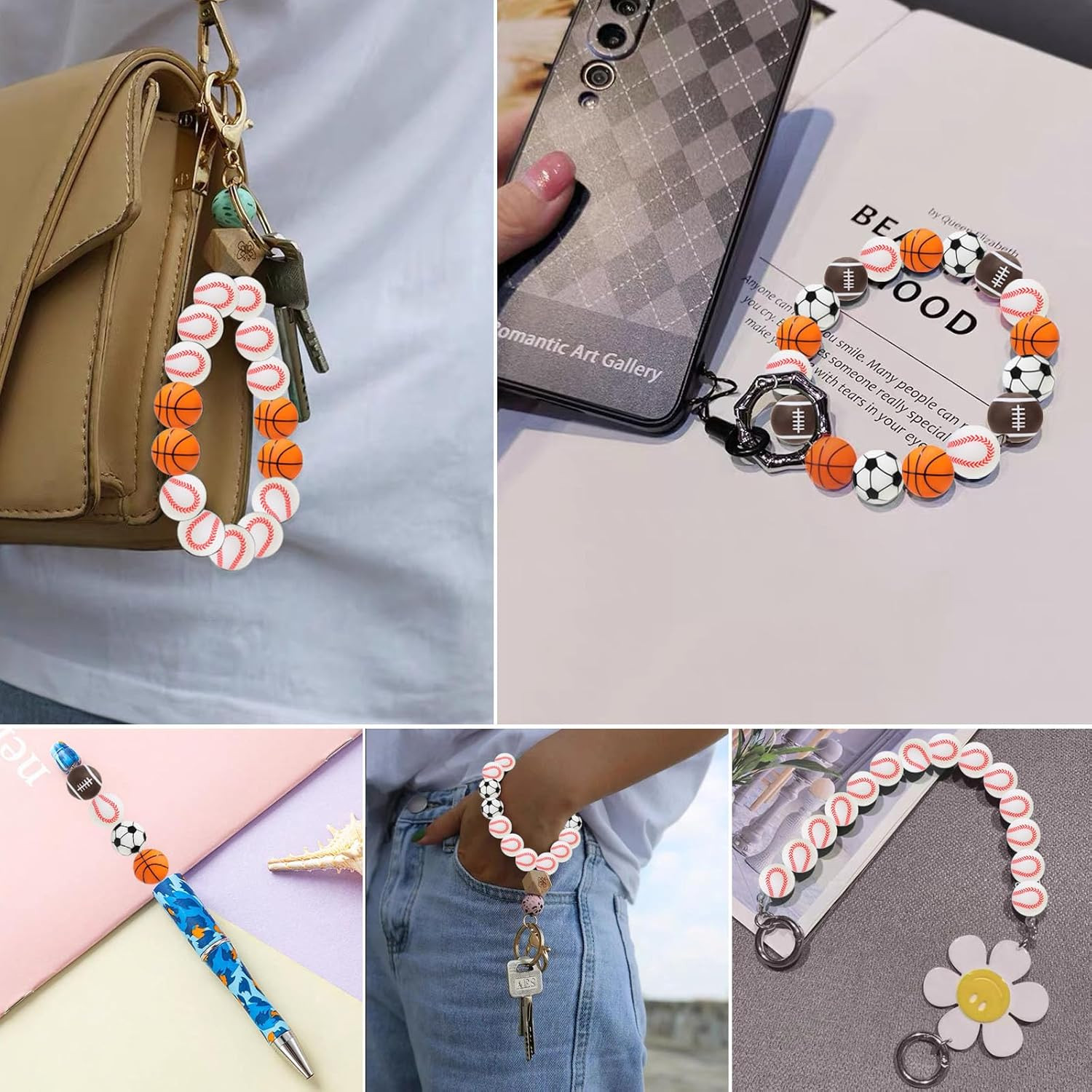 24 Pcs Print Silicone Beads Sports, 15Mm Soft Rubber round for Keychain Wristlet