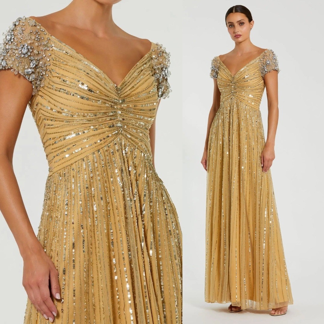 Luxury Gold Sequined Evening Gown With Embellished Shoulders Customized Dresses