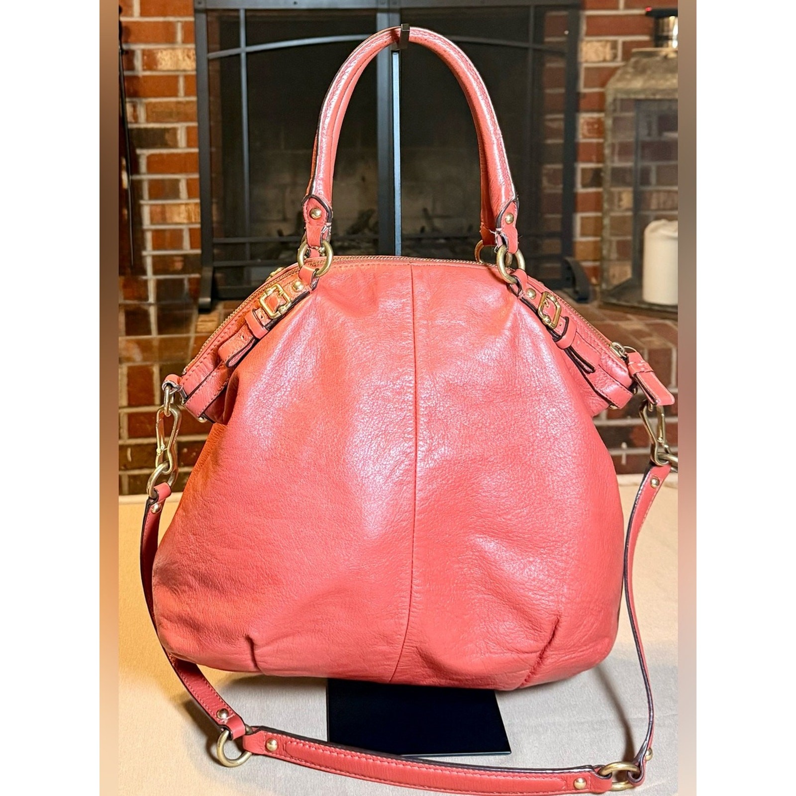 Coach Madison Coral Pebbled Leather Satchel Bag | Removable Strap |Gold Hardware