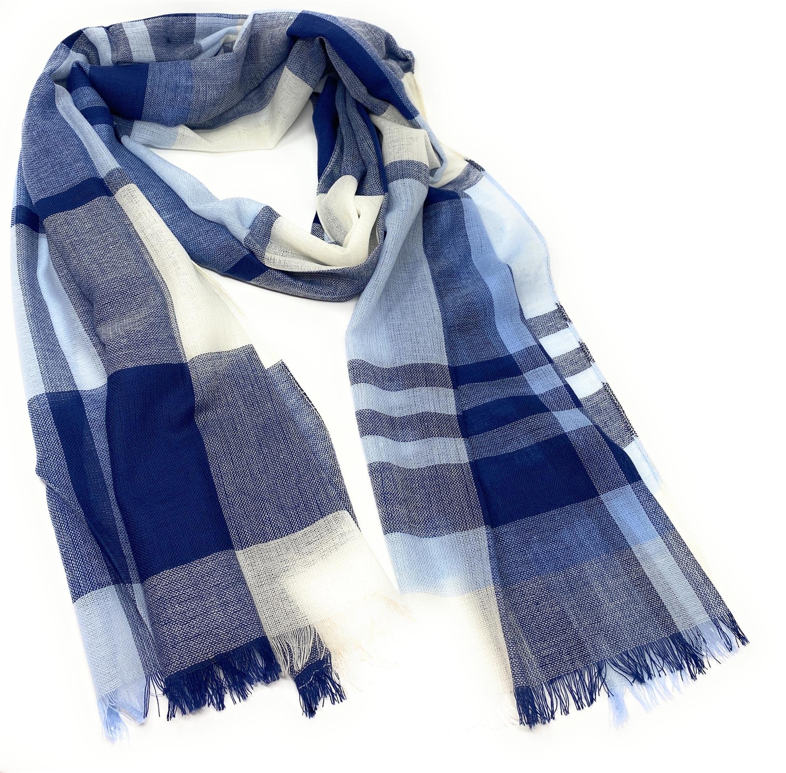 90% Wool 10% Cashmere Lightweight Oversized Scarf – Blue & White Check – V1