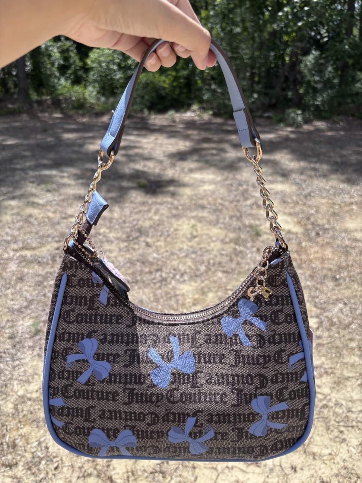 Juicy Couture Brown/Blue Logo Bow Print Small Shoulder Bag Chain Strap Zip Charm