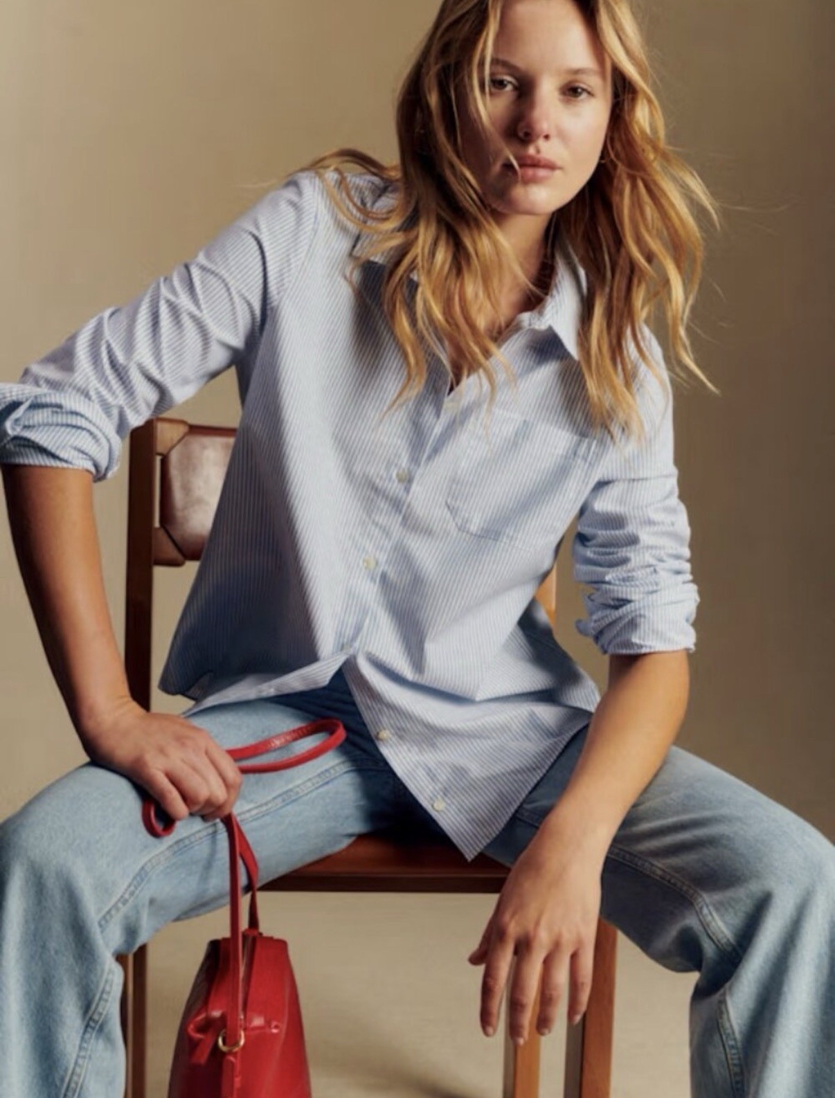 Sezane Tomboy Long Sleeve Button Shirt Ecru Sky Blue Stripes Womens EU 36 US 4