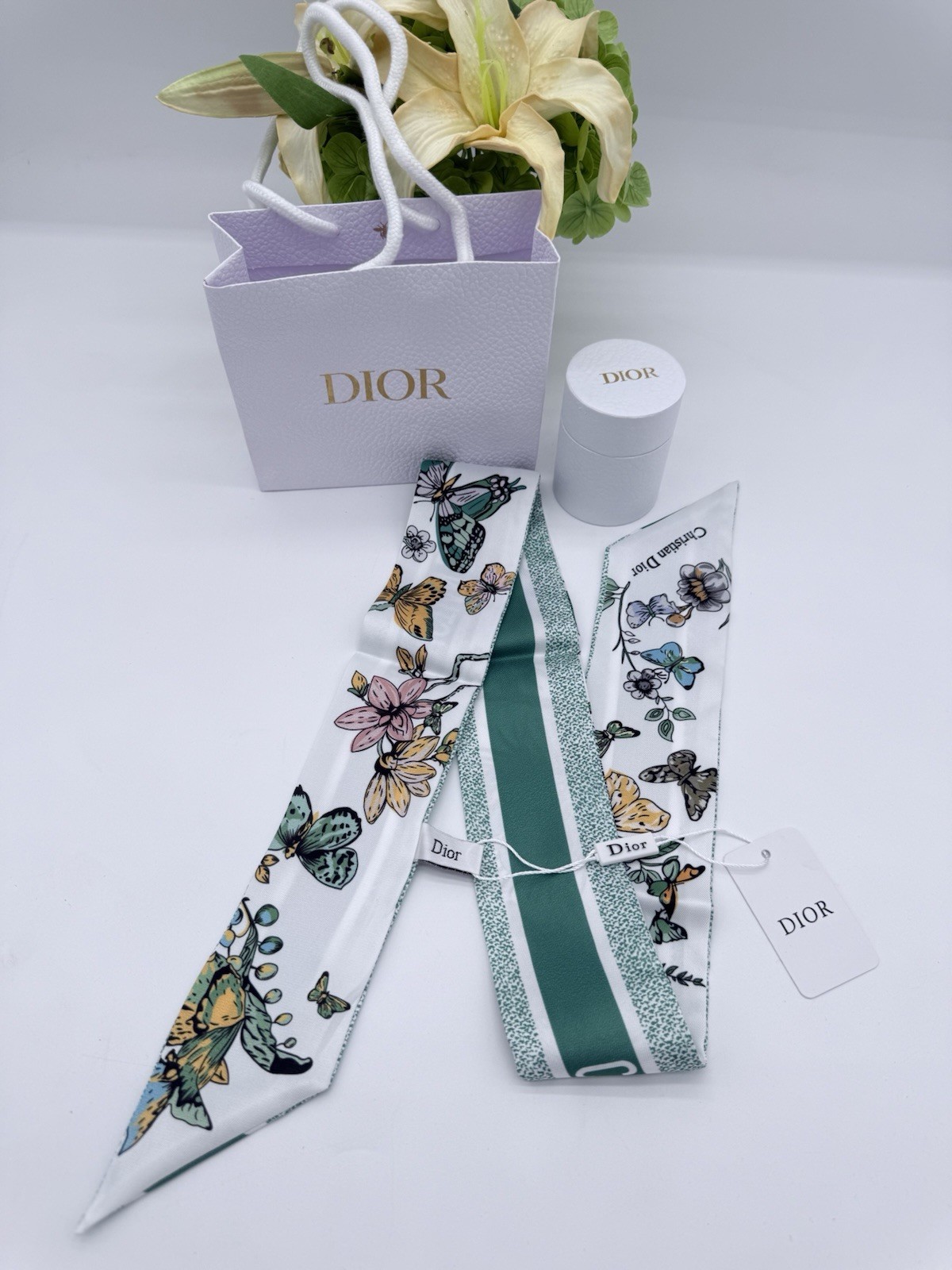 Christian Dior GWP Silk Ribbon Scarf Green Floral Butterfly Print 41.3″ Gift Box
