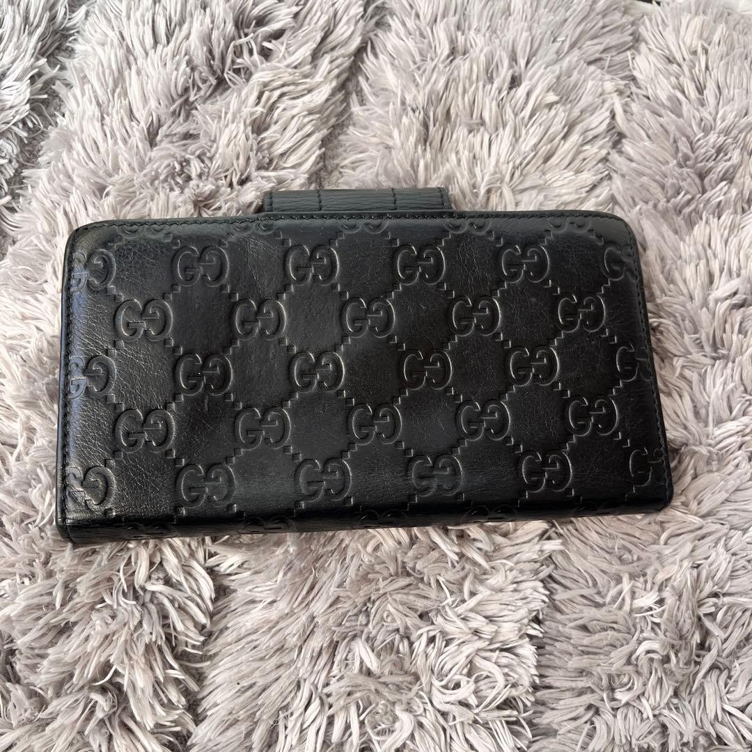 Beautiful Condition GUCCI Shima Logo Plate Gold Folding Wallet Black