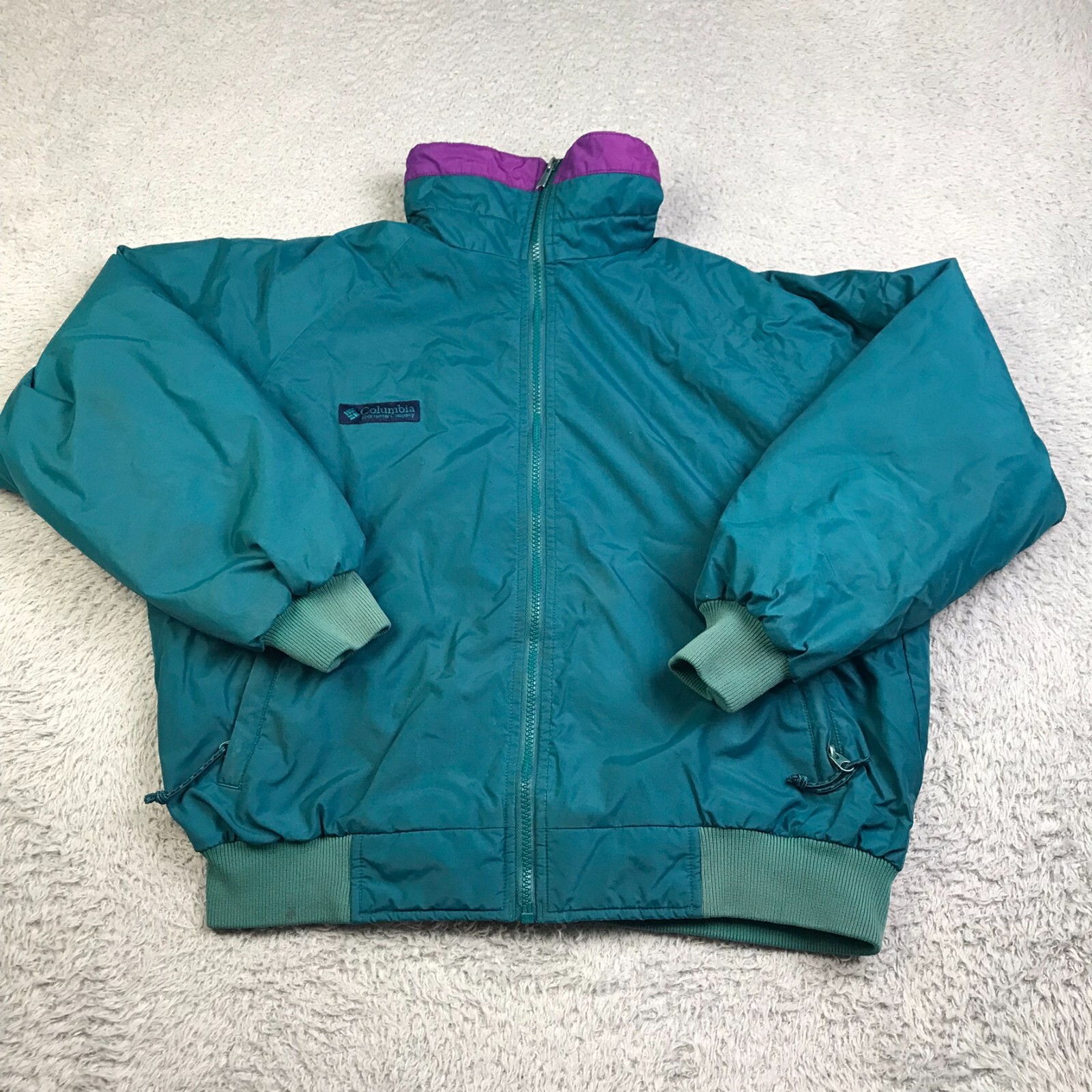 Columbia Jacket Mens M Teal/Purple Aztec Fleece Lined Parka Bomber Vintage 90s