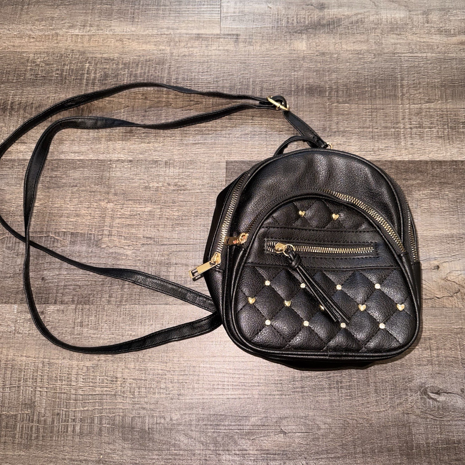 Street Level Black Quilted Mini Backpack Purse, Studs Zip, Edgy Coquette Grunge