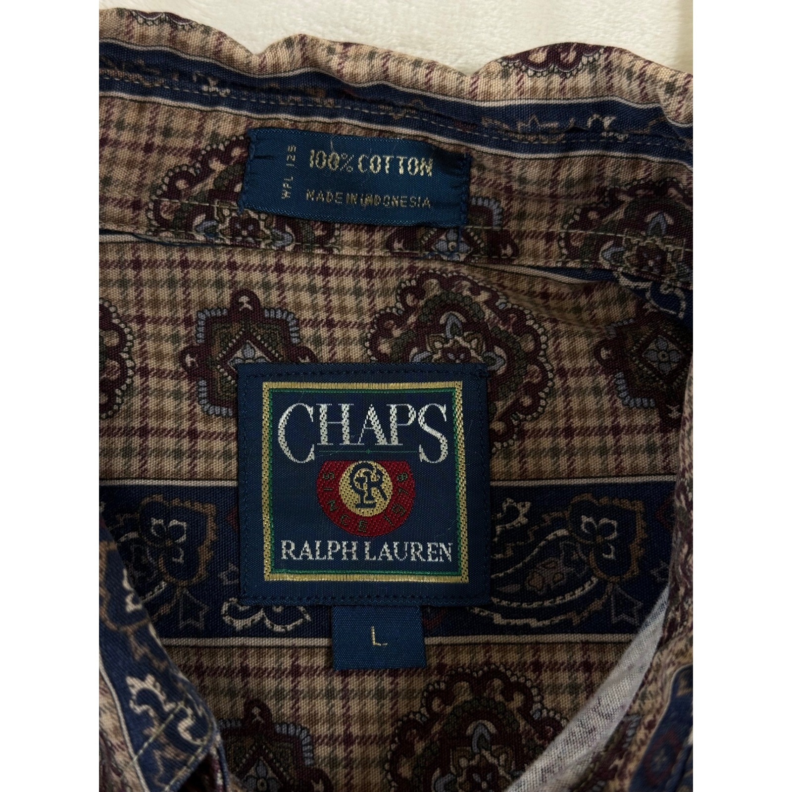 Chaps Ralph Lauren Button Shirt Men’s L Beige Blue Paisley Medallion Vintage