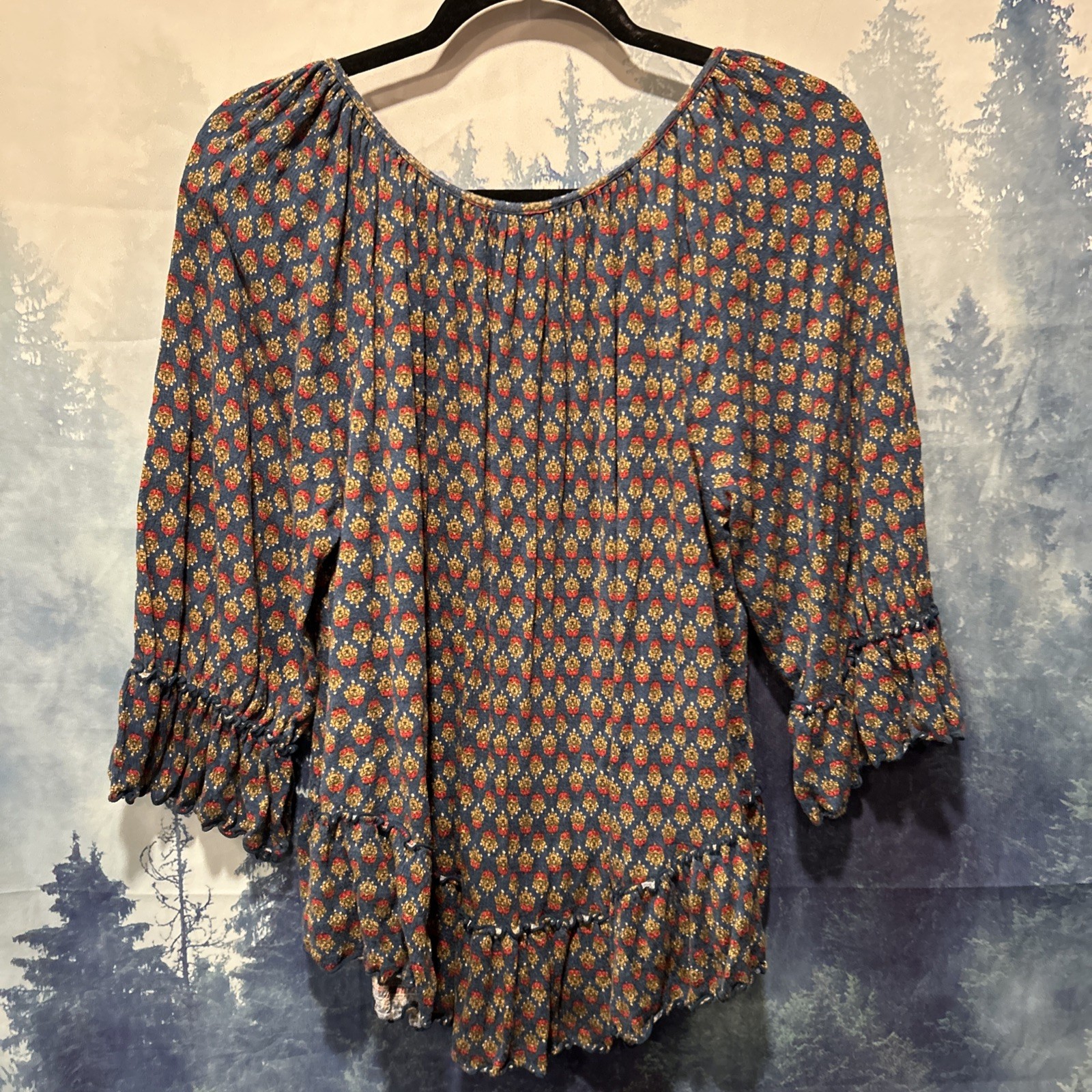 Y2K Faded Glory Womens Blue 3/4 Sleeve Boho Ruffle Top/Shirt Sz Large