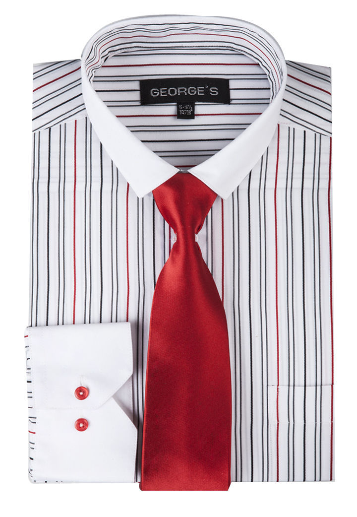 New Men’s Striped Dress Shirt with Solid Slim Tie & Slim Collar Style-S41