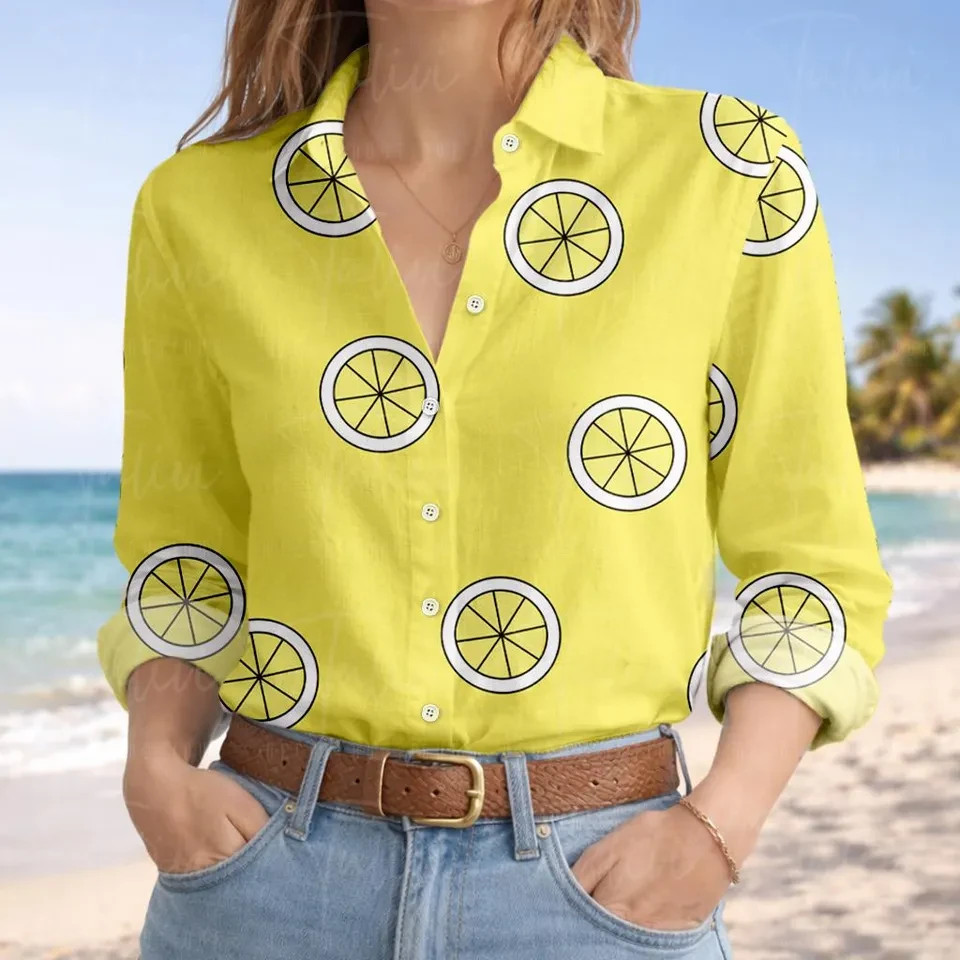 Women’s Cute Citrus Lemon Slice Print Long Sleeve Button Up Shirt Summer Top
