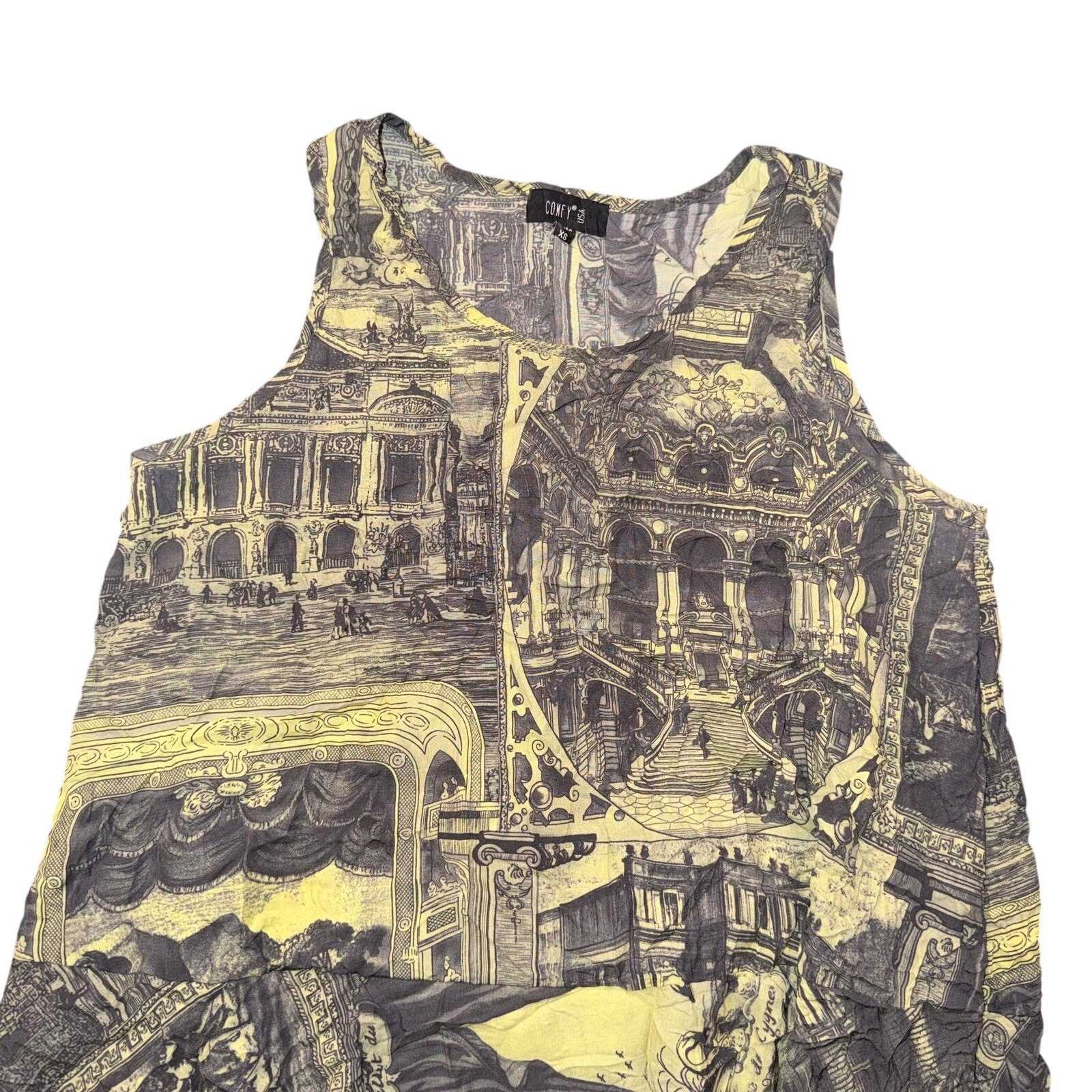 Comfy USA Renaissance Architecture Sketch Print Tiered Ruffle Tank Midi Dress XS