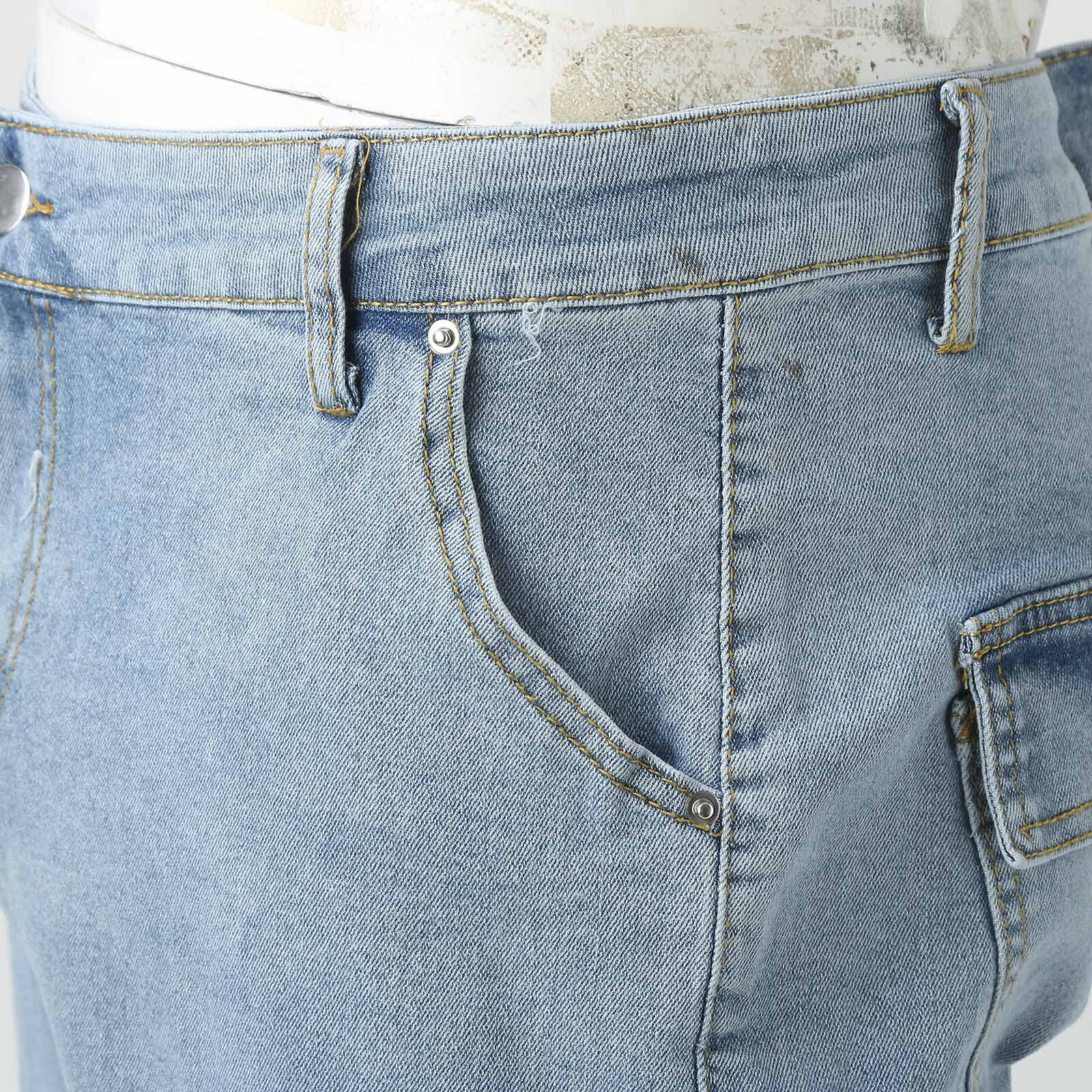 Large SIze Mens Soild Straight Hole Buckle Zipper Middle Waist Denim Long Pants