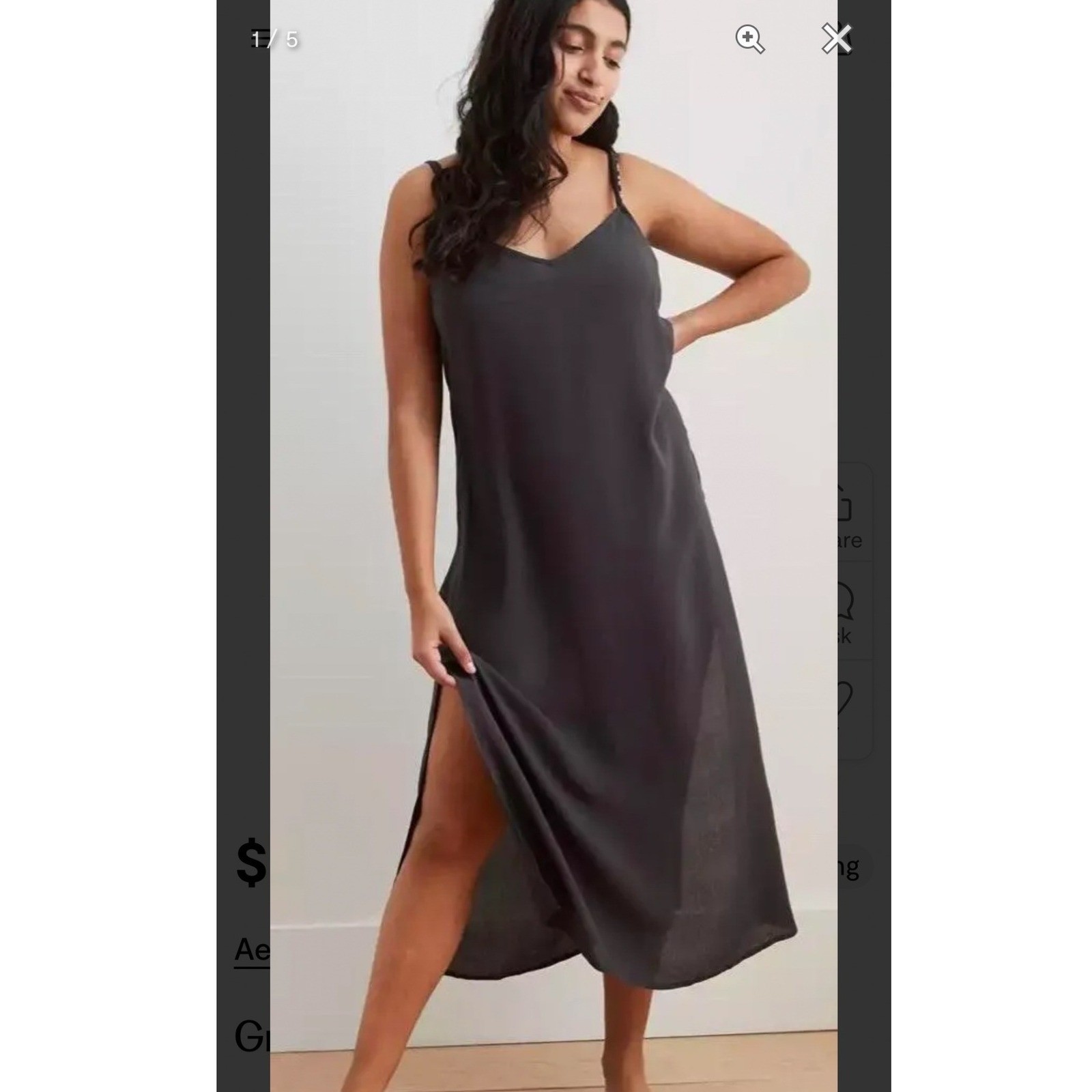 Aerie Maxi Dress Charcoal Grey Strappy Back Side Slit V-Neck New Medium