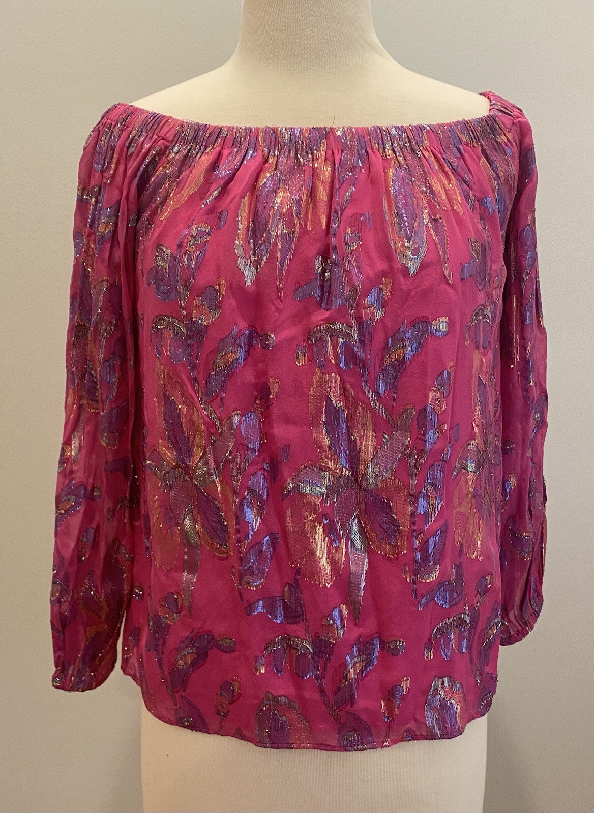 Lilly Pulitzer Emilee Off-the-Shoulder Acai Berry Rainbow Floral Silk Top $188