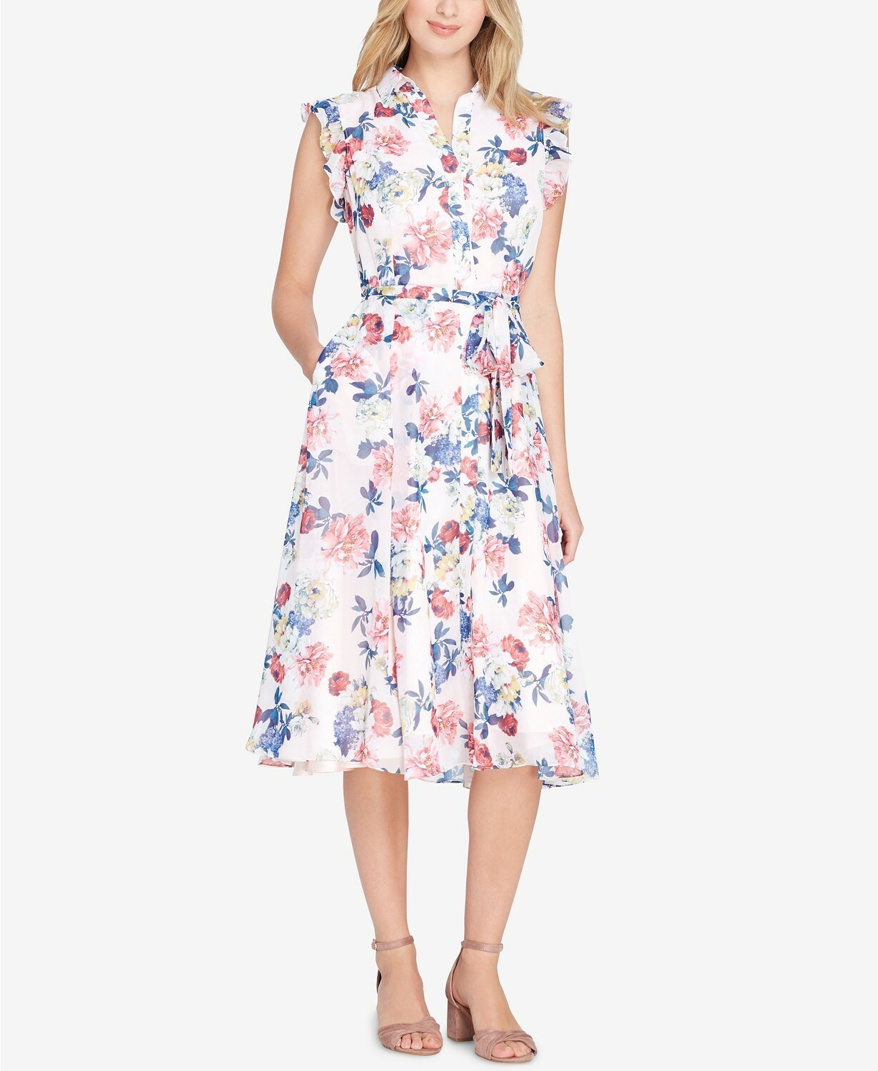 TAHARI ASL Belted Floral Print Ruffled Button A-Line Shirt Dress, 2 White