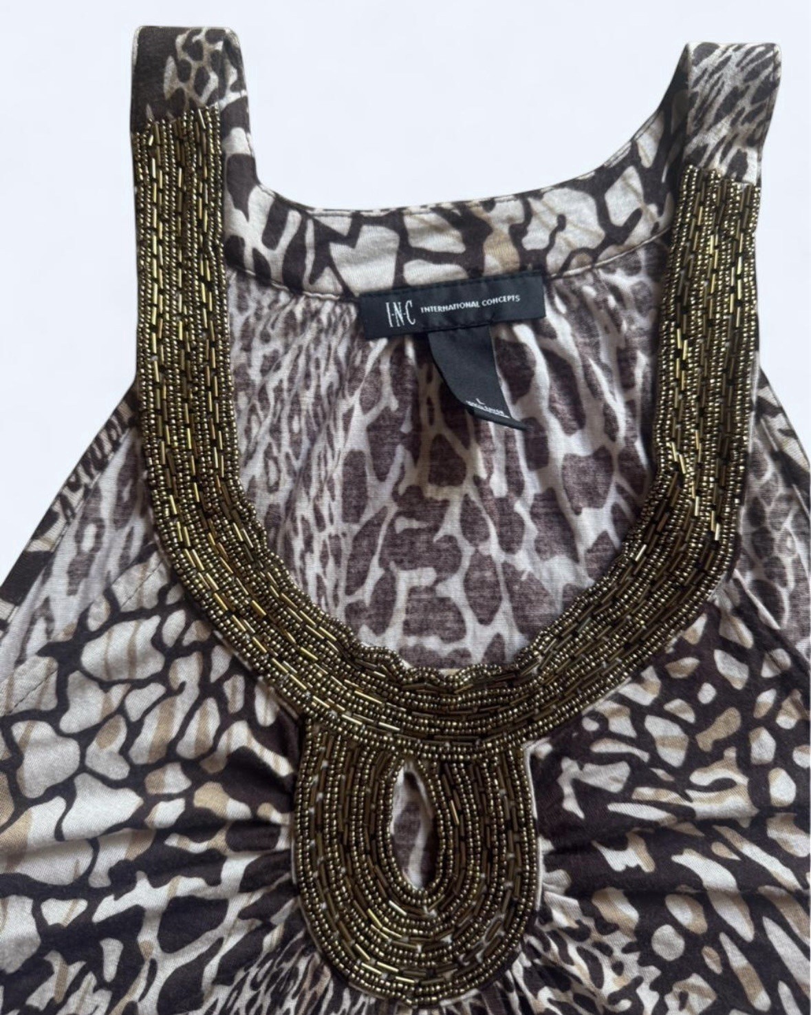 International Concepts Brown and Beige Leopard Print Tank Top w/ Beaded Neckline