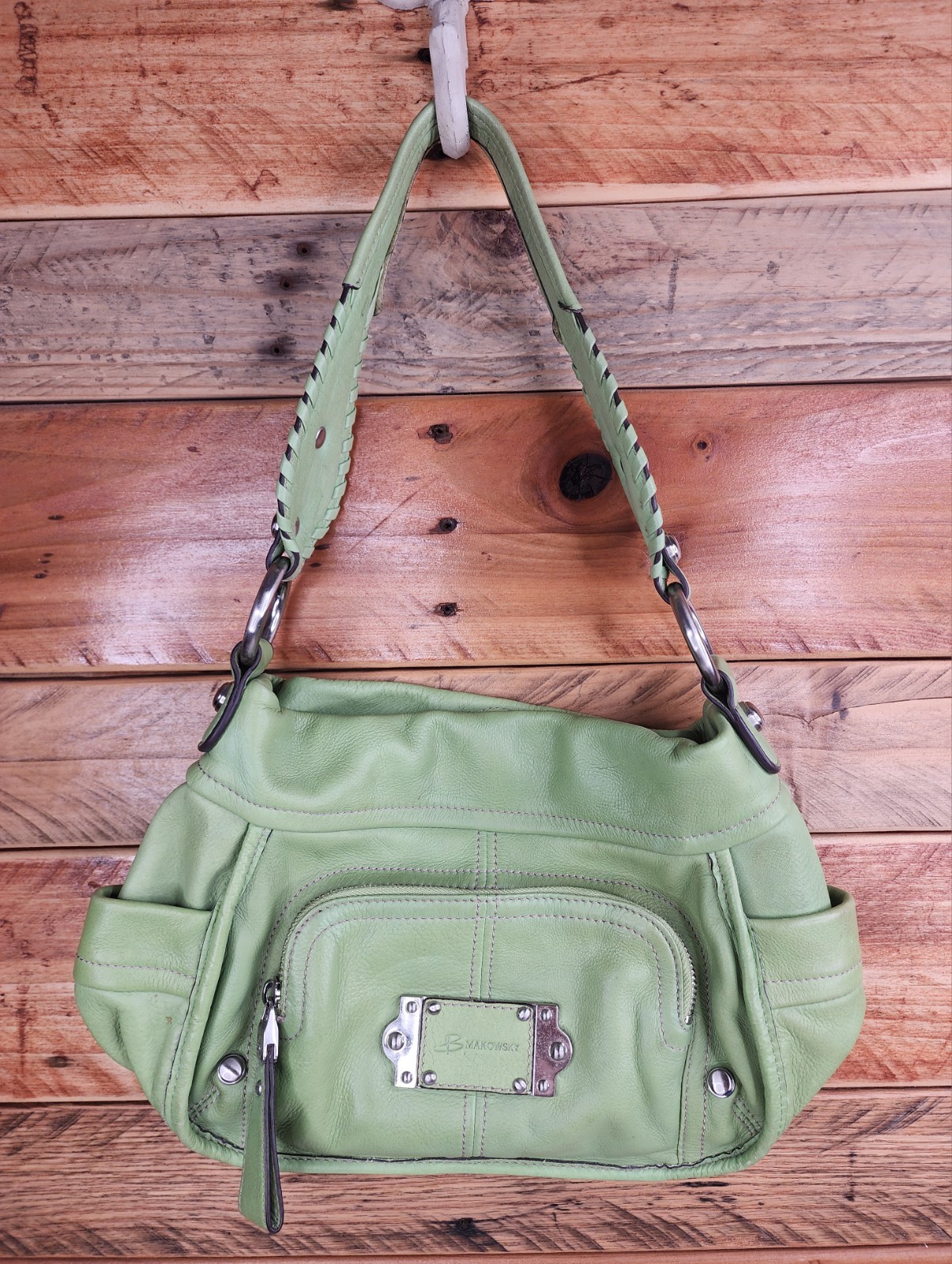 B Makowsky Leather Y2K Hobo Bag Green