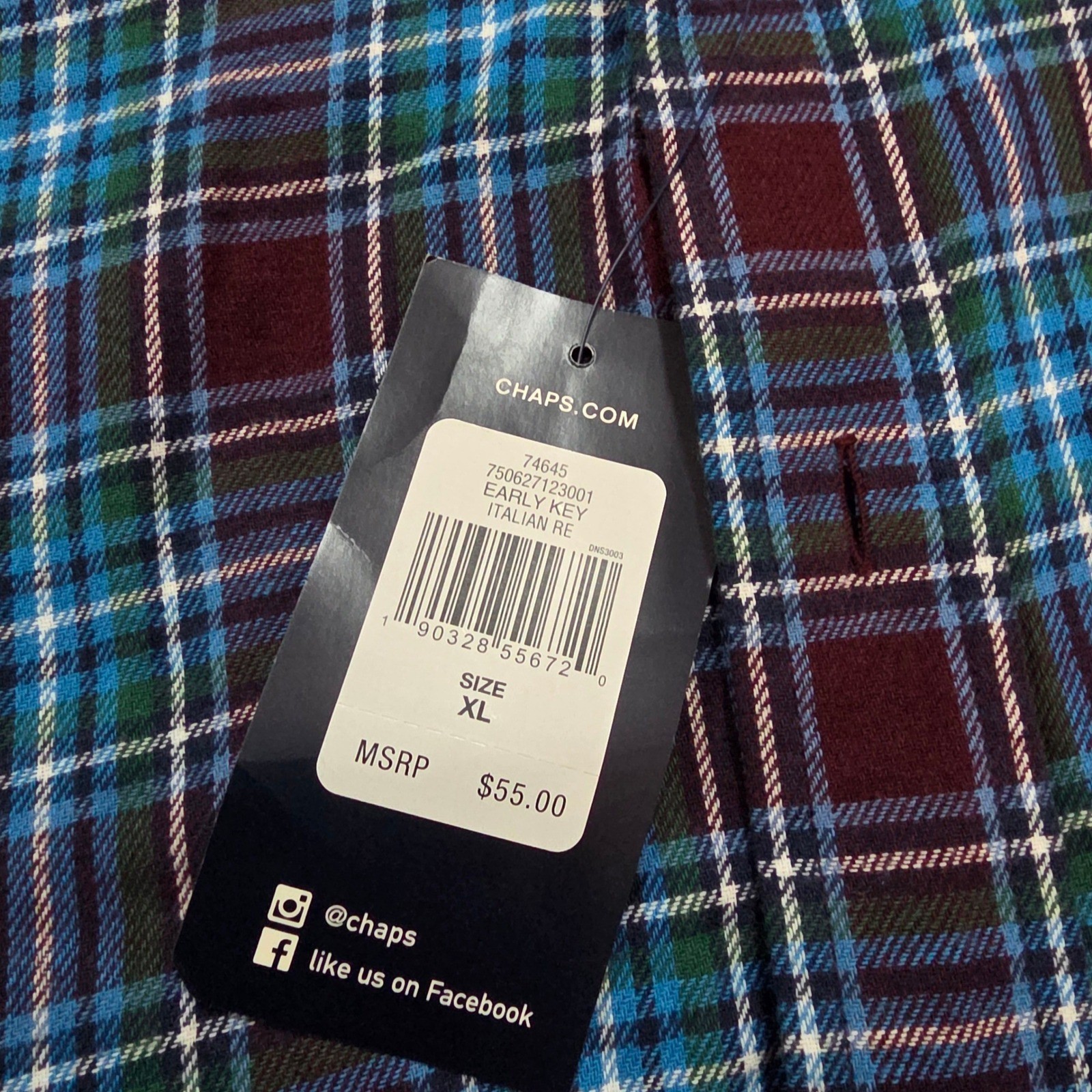 Chaps Mens XL Brushed Flannel Plaid Shirt Burgundy Teal Blue NWT 750627123001