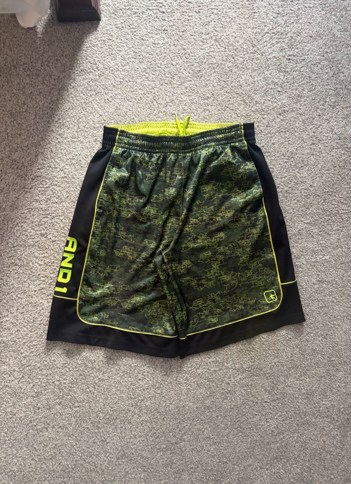 AND1 Men’s Digital Camo Printed Basketball Shorts Black and Neon Green