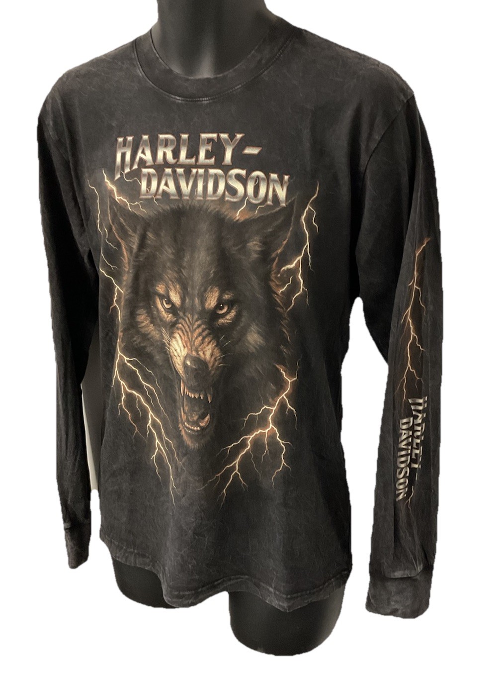 Harley Davidson Men’s Thunder Wolf Long Sleeve T-Shirt Dyed Black 3002882-BLCK