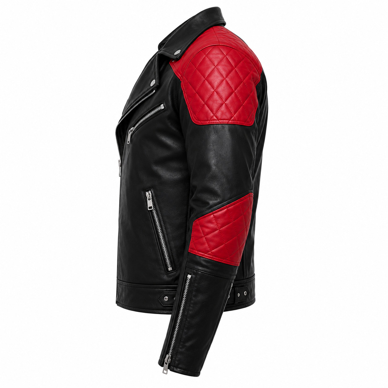 Men’s Black Leather Motorcycle Biker Jacket Red Quilted Slim Fit S-3XL