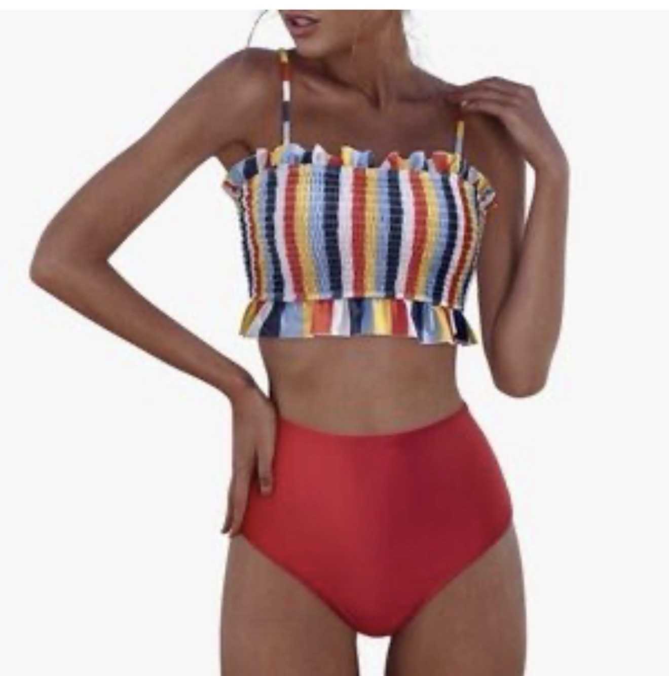 Shein/ Zmart bikini set crinkle textured striped bandeau top with red bottoms